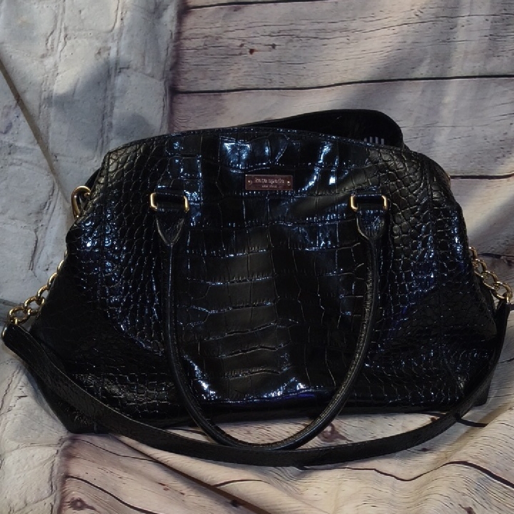 Kate Spade Black Croc-Embossed Large Shoulder Bag. L 14 In H 9 D 6